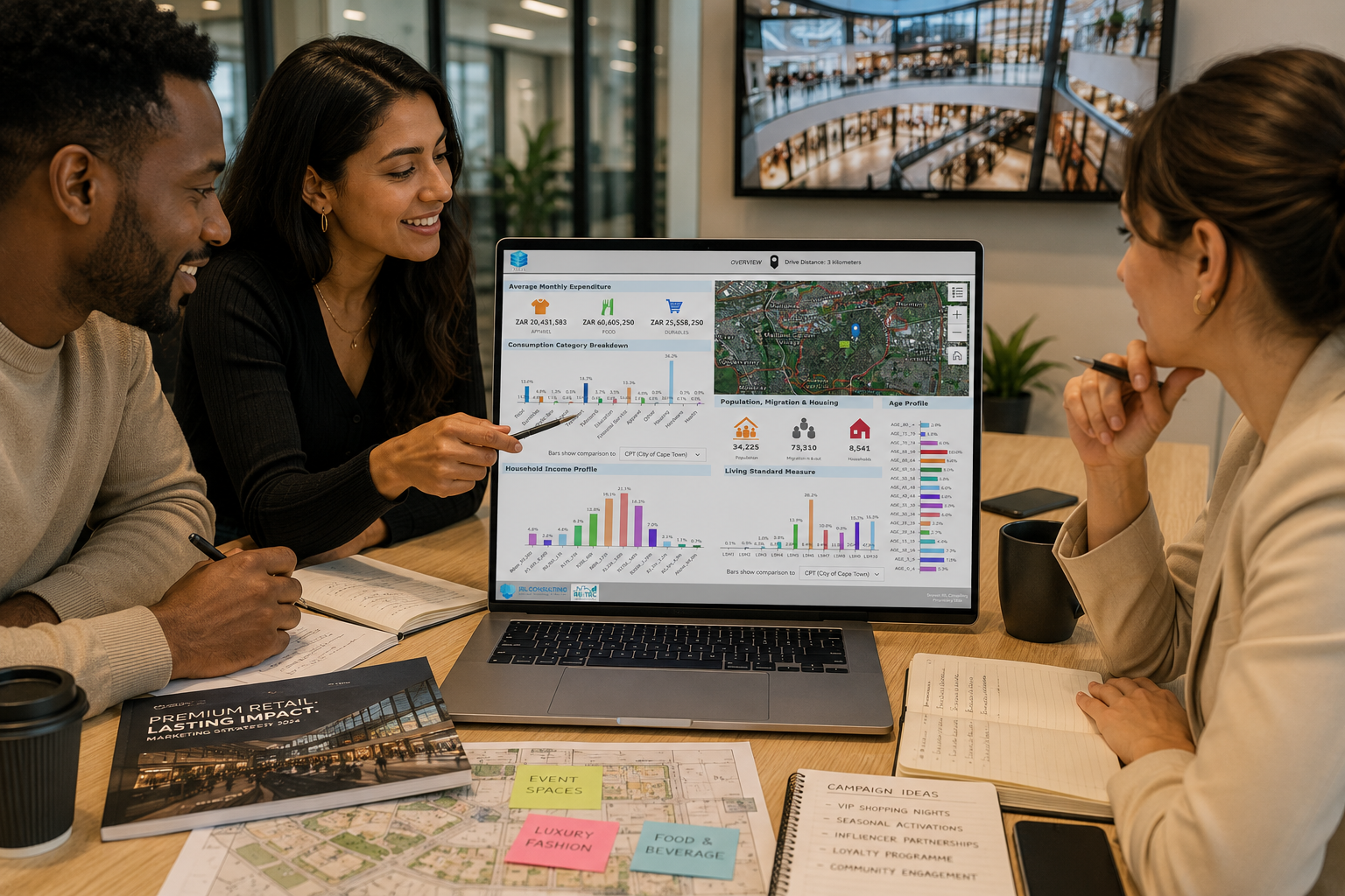 Team reviewing the RE-TEC Customer Behaviour Analytics dashboard together at a boardroom table
