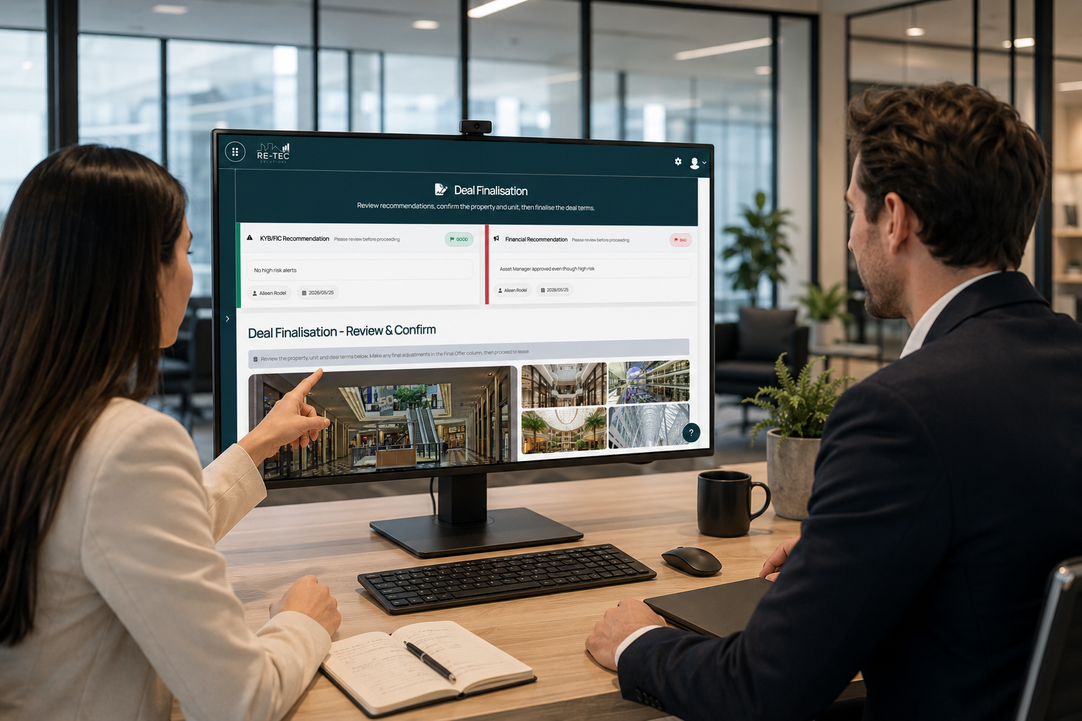 Two professionals reviewing RE-TEC's Deal Finalisation screen together on a desktop monitor