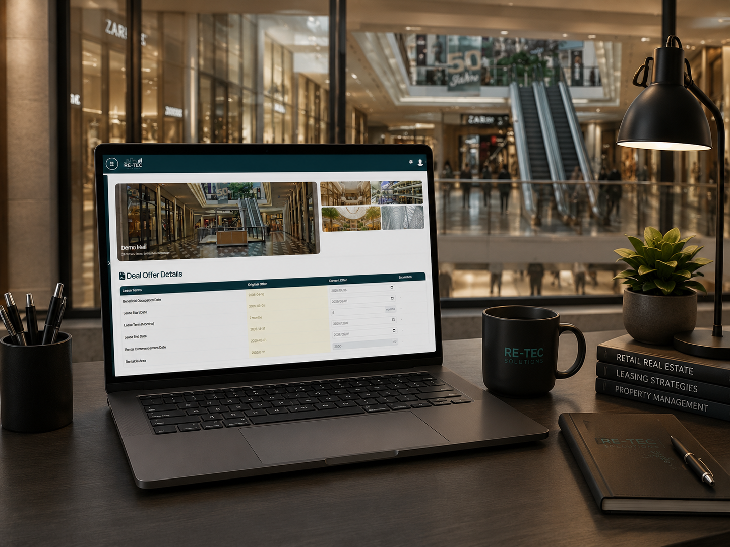 RE-TEC Deal Offer Details screen on a laptop with a retail mall in the background