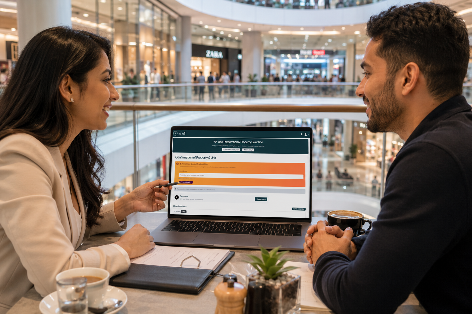 Landlord and tenant collaborating on the RE-TEC Deal Preparation screen at a café inside a shopping mall