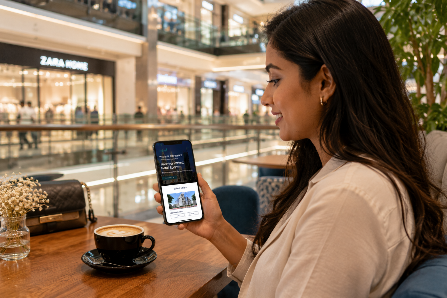 Tenant browsing the RE-TEC mobile experience at a café inside a shopping mall