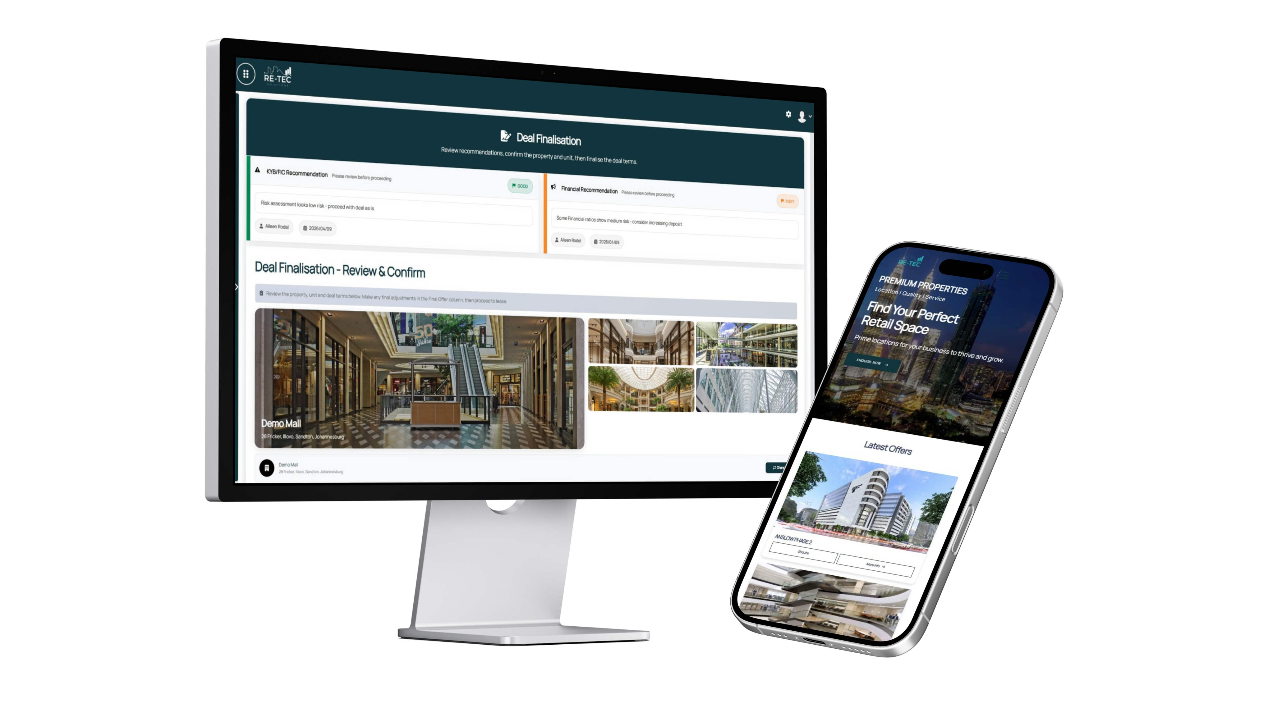 RE-TEC platform — desktop Deal Finalisation dashboard and mobile retail listing