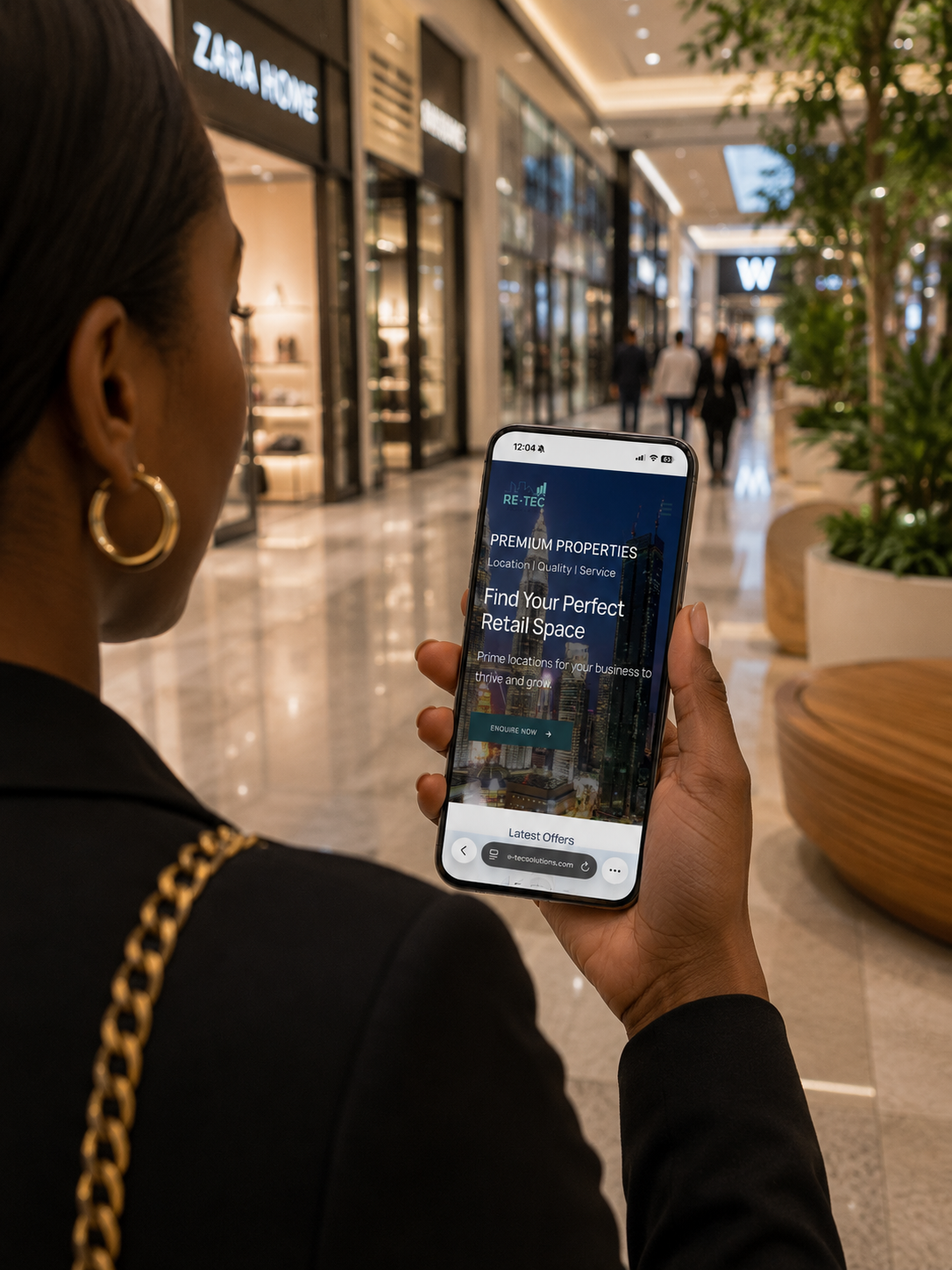 Tenant using the RE-TEC mobile experience inside a premium retail centre