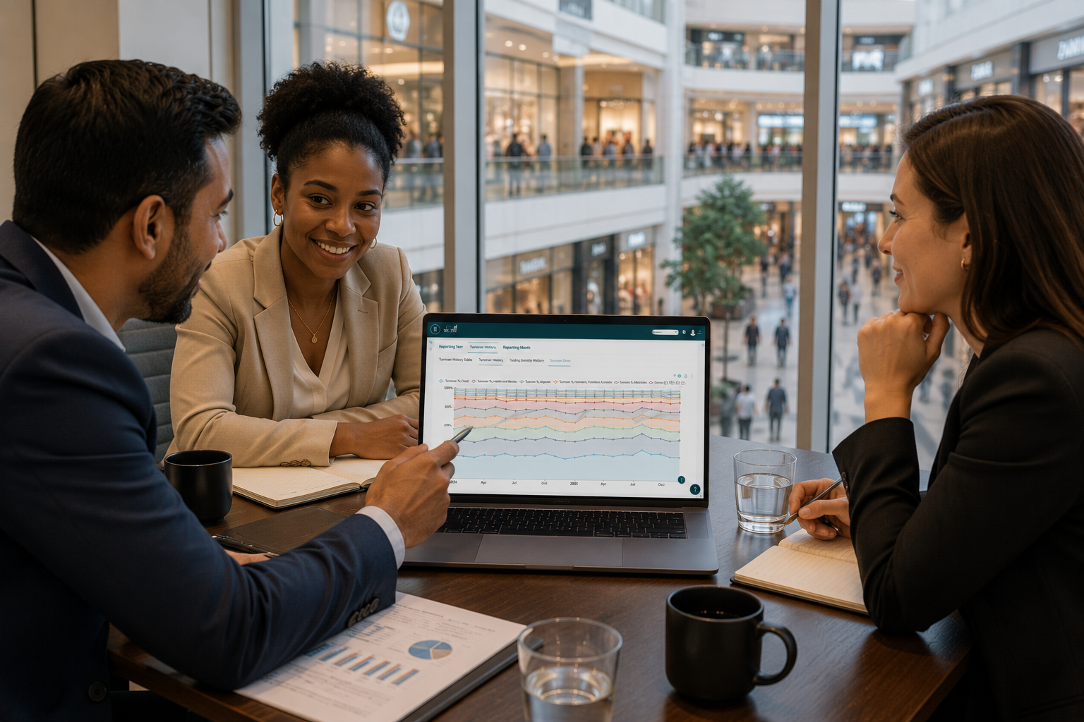 Three professionals reviewing the RE-TEC turnover dashboard together at a café table inside a mall
