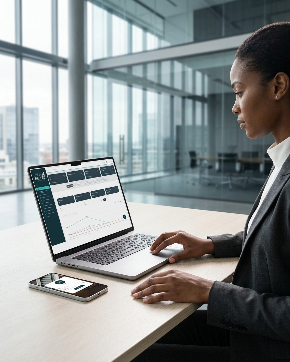 Operations manager reviewing industrial portfolio data