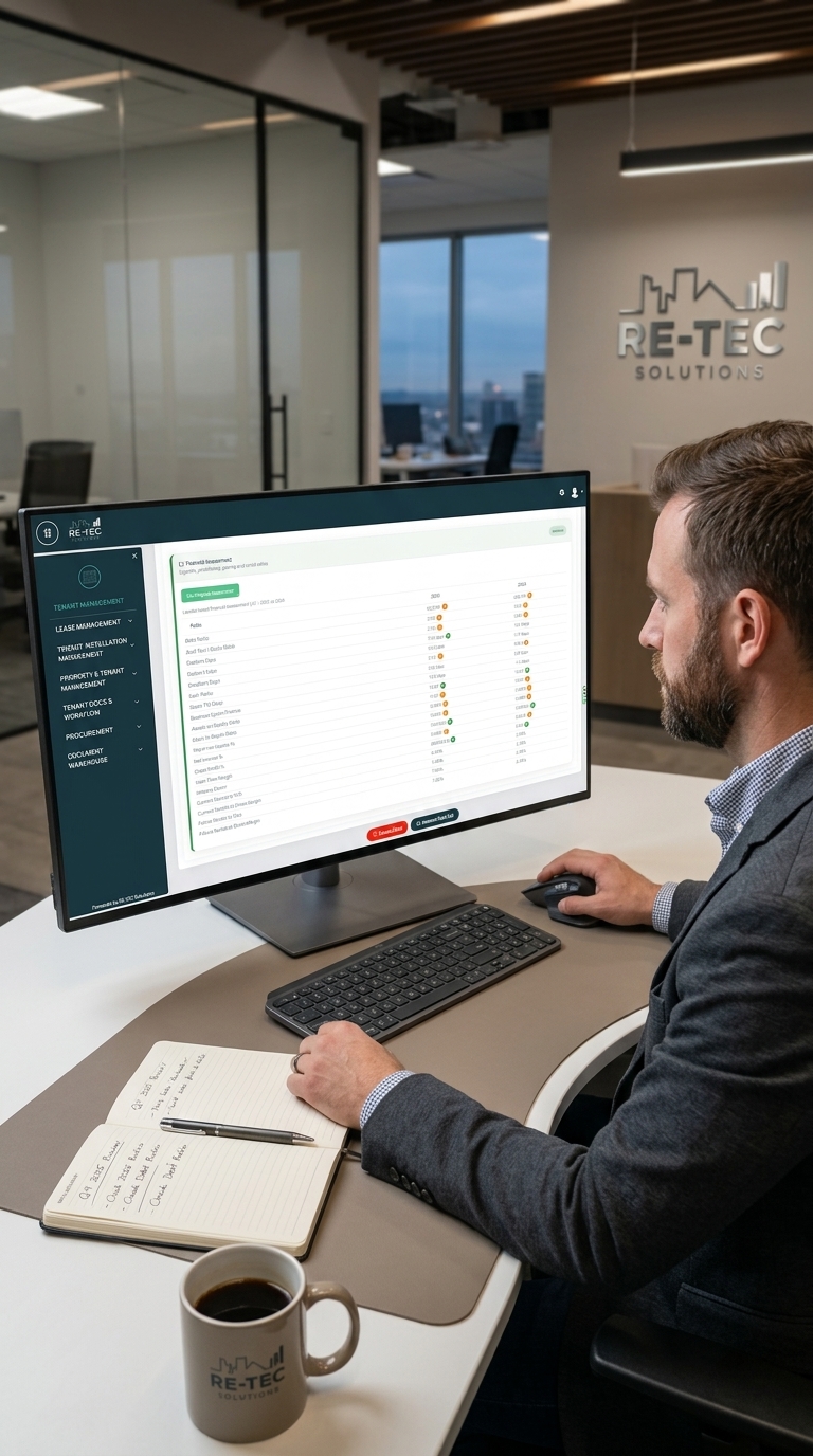 Professional at RE-TEC branded desk reviewing platform