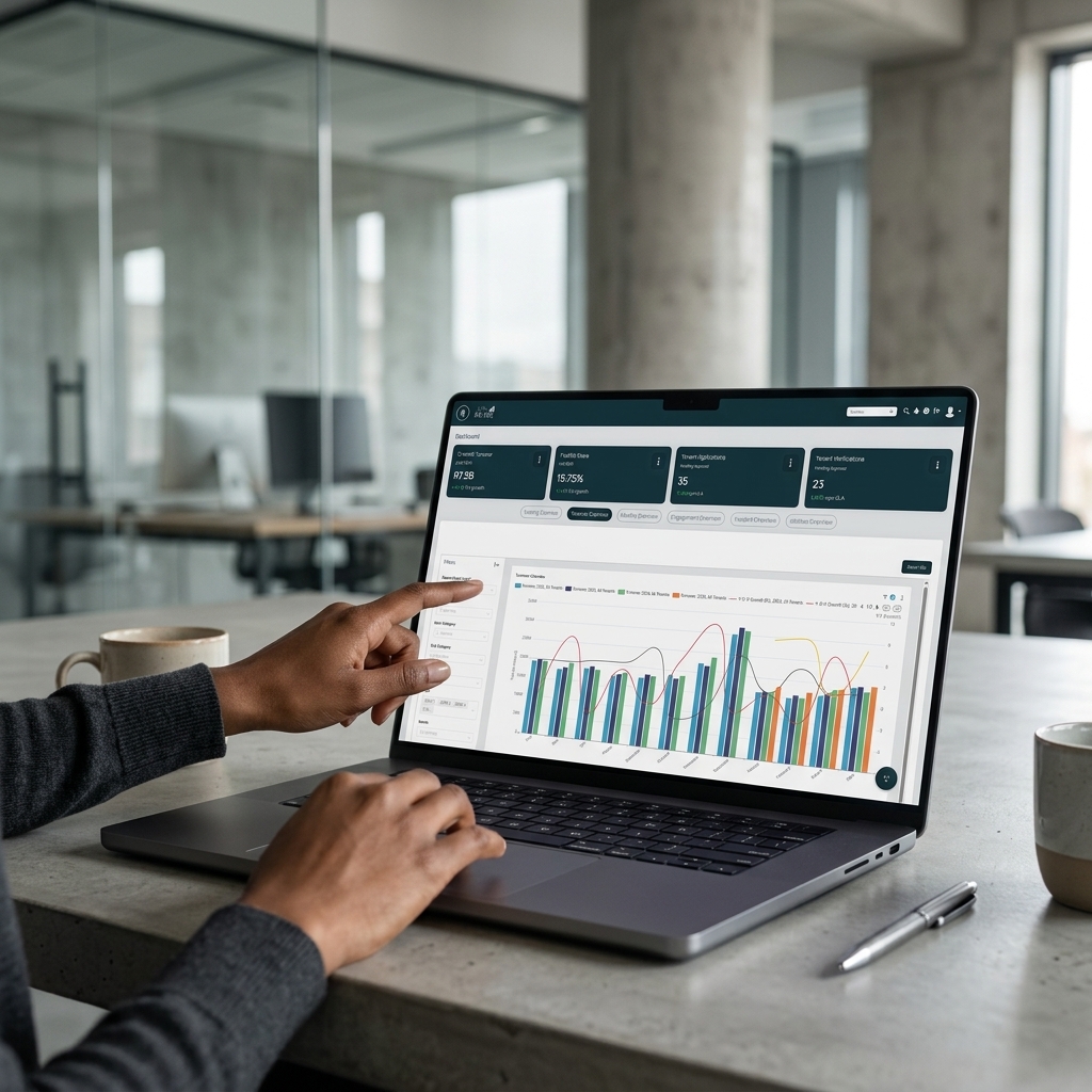 Professional reviewing RE-TEC dashboard analytics